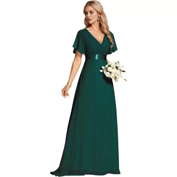 EverPretty Womens Bridemaids Dress V Neck Short Sleeves A Line Chiffon Long Formal DressesDark Green