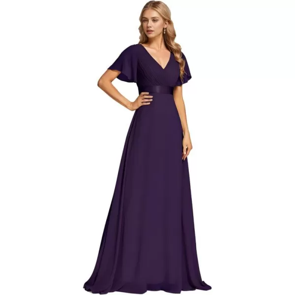 EverPretty Womens Bridemaids Dress V Neck Short Sleeves A Line Chiffon Long Formal DressesDeep Purple