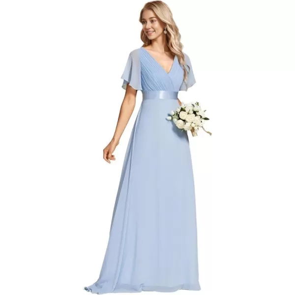 EverPretty Womens Bridemaids Dress V Neck Short Sleeves A Line Chiffon Long Formal DressesIce Blue