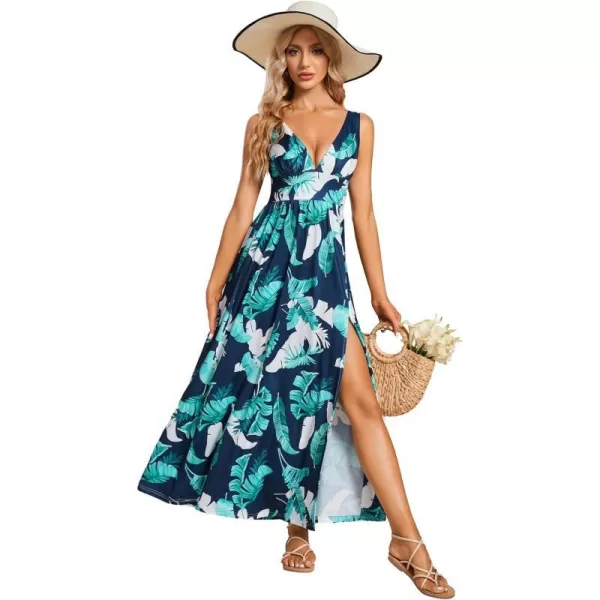 EverPretty Womens Bridemaids Dresses Deep VNeck Sleeveless Side Slit Floor Length Wedding Guest Dress 0168BB Navy Green Printed