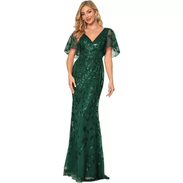 EverPretty Womens Bridesmaid Dress V Neck Short Sleeve Sparkly Embroidery Formal Dress 0692Dark Green