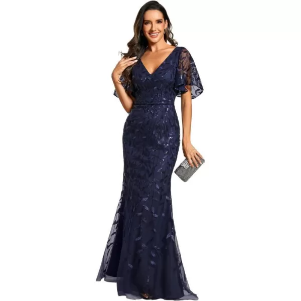 EverPretty Womens Bridesmaid Dress V Neck Short Sleeve Sparkly Embroidery Formal Dress 0692Navy Blue