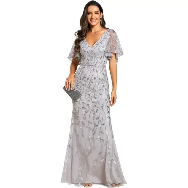 EverPretty Womens Bridesmaid Dress V Neck Short Sleeve Sparkly Embroidery Formal Dress 0692Silver