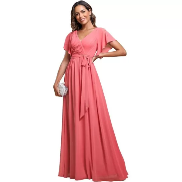 EverPretty Womens Bridesmaid Dress VNeck Ruffle Sleeves Ruched Bust Floor Length Chiffon Formal Dresses 0164ACoral