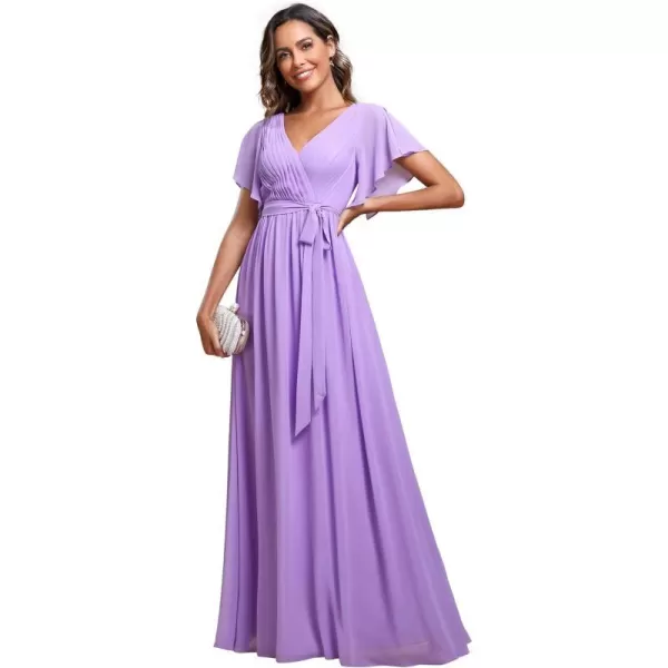 EverPretty Womens Bridesmaid Dress VNeck Ruffle Sleeves Ruched Bust Floor Length Chiffon Formal Dresses 0164ALavender