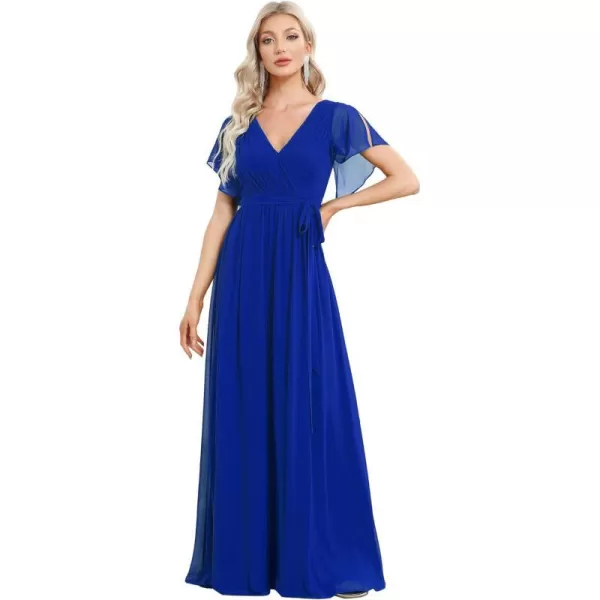 EverPretty Womens Bridesmaid Dress VNeck Ruffle Sleeves Ruched Bust Floor Length Chiffon Formal Dresses 0164ASapphire Blue