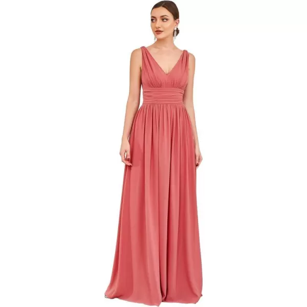 EverPretty Womens Bridesmaid Dress VNeck Sleeveless A Line Chiffon Floor Length Formal Dress 09016Coral