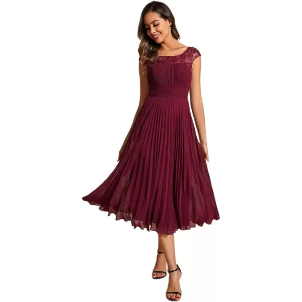 EverPretty Womens Cap Sleeves A Line Crew Neck Embroidery Chiffon Pleated Wedding Guest Dresses 02095Burgundy