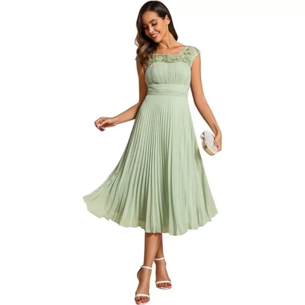 EverPretty Womens Cap Sleeves A Line Crew Neck Embroidery Chiffon Pleated Wedding Guest Dresses 02095Mint Green