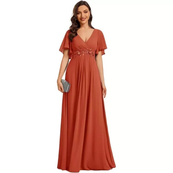 EverPretty Womens Chiffon ALine Ruched Short Sleeves Applique Waist V Neck Mother of The Bride DressesBurnt Orange