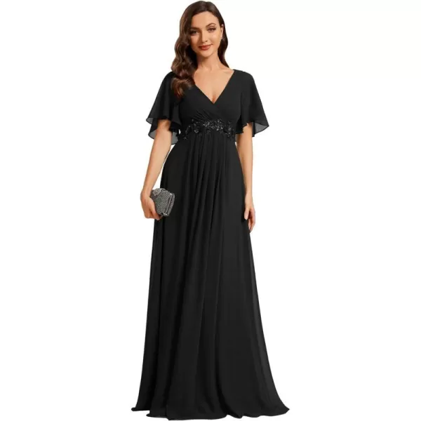 EverPretty Womens Chiffon ALine Ruched Short Sleeves Applique Waist V Neck Mother of The Bride DressesCblack