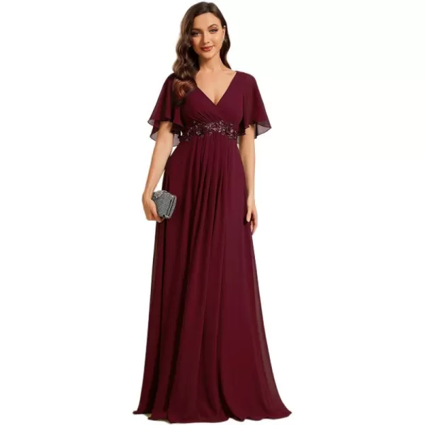 EverPretty Womens Chiffon ALine Ruched Short Sleeves V Neck Bridesmaid DressesCburgundy