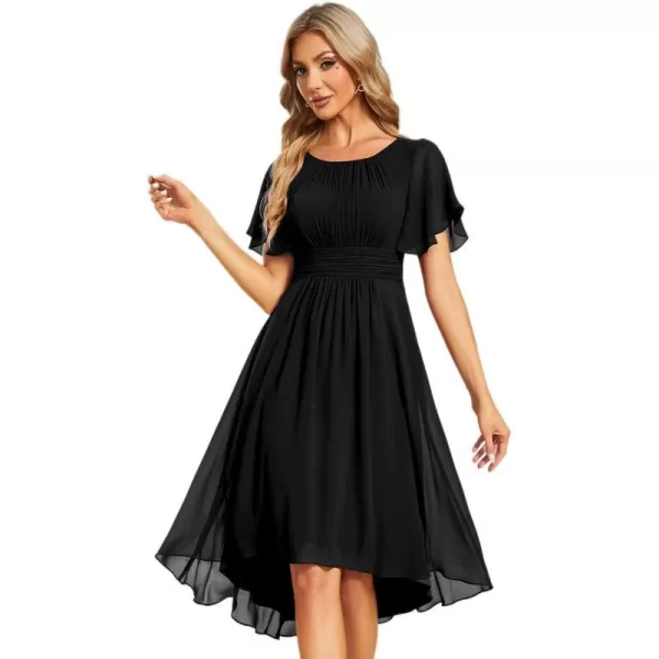 EverPretty Womens Chiffon Crew Neck Pleated Waist Short Sleeve Wedding Guest Dress 02053Black