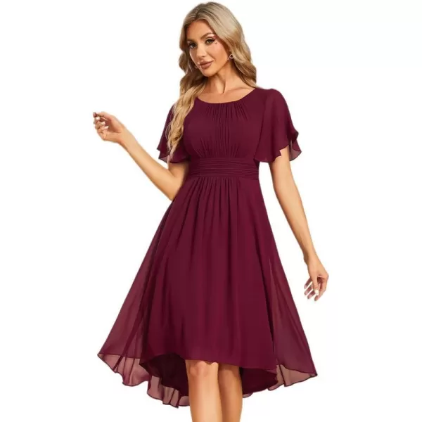 EverPretty Womens Chiffon Crew Neck Pleated Waist Short Sleeve Wedding Guest Dress 02053Burgundy