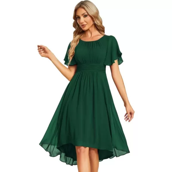 EverPretty Womens Chiffon Crew Neck Pleated Waist Short Sleeve Wedding Guest Dress 02053Dark Green