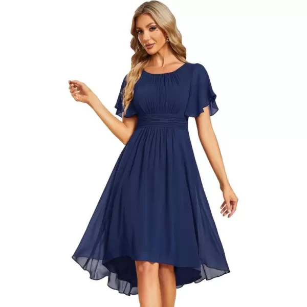 EverPretty Womens Chiffon Crew Neck Pleated Waist Short Sleeve Wedding Guest Dress 02053Navy Blue