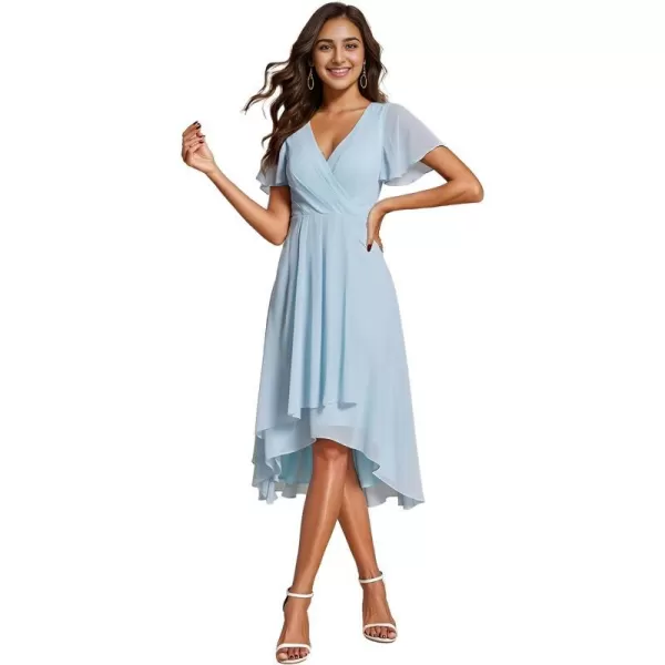 EverPretty Womens Chiffon Formal Dresses V Neck Ruffle Sleeves Pleated High Low Summer Wedding Guest DressAblue