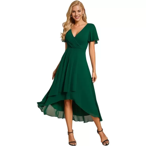 EverPretty Womens Chiffon Formal Dresses V Neck Ruffle Sleeves Pleated High Low Summer Wedding Guest DressAdark Green