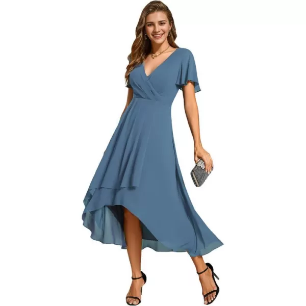 EverPretty Womens Chiffon Formal Dresses V Neck Ruffle Sleeves Pleated High Low Summer Wedding Guest DressAdusty Navy