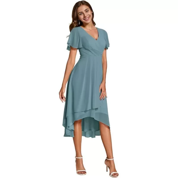 EverPretty Womens Chiffon Formal Dresses V Neck Ruffle Sleeves Pleated High Low Summer Wedding Guest DressDusty Blue