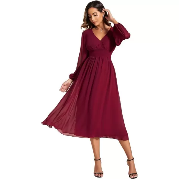 EverPretty Womens Chiffon Long Sleeve Elastic Waist ALine Knee Length Wedding Guest Dresses 01929Burgundy