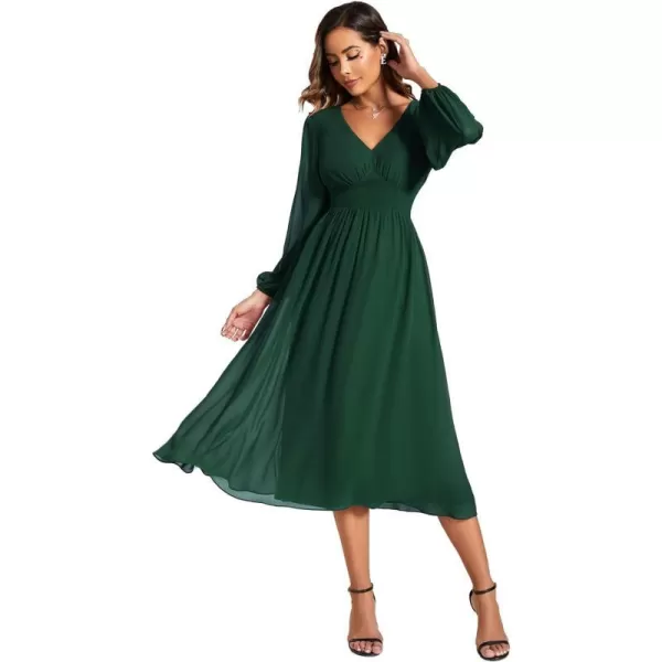 EverPretty Womens Chiffon Long Sleeve Elastic Waist ALine Knee Length Wedding Guest Dresses 01929Deep Green