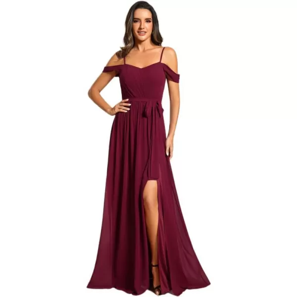 EverPretty Womens Chiffon Pleated Backless A Line Split Maxi Evening Dresses 02076Burgundy