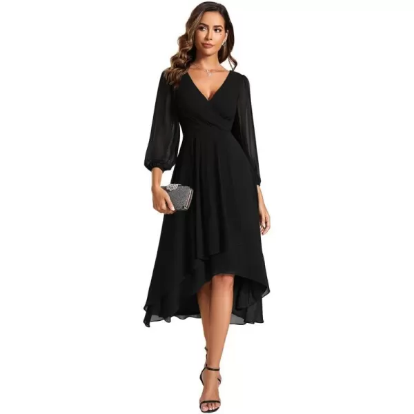 EverPretty Womens Chiffon Spring V Neck Long Sleeves Pleated ALine Midi Length Wedding Guest Dress 01926Black