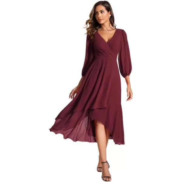 EverPretty Womens Chiffon Spring V Neck Long Sleeves Pleated ALine Midi Length Wedding Guest Dress 01926Burgundy