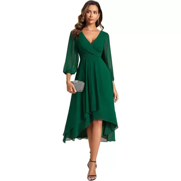 EverPretty Womens Chiffon Spring V Neck Long Sleeves Pleated ALine Midi Length Wedding Guest Dress 01926Dark Green