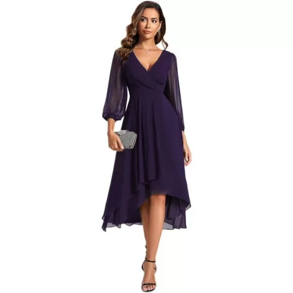 EverPretty Womens Chiffon Spring V Neck Long Sleeves Pleated ALine Midi Length Wedding Guest Dress 01926Deep Purple