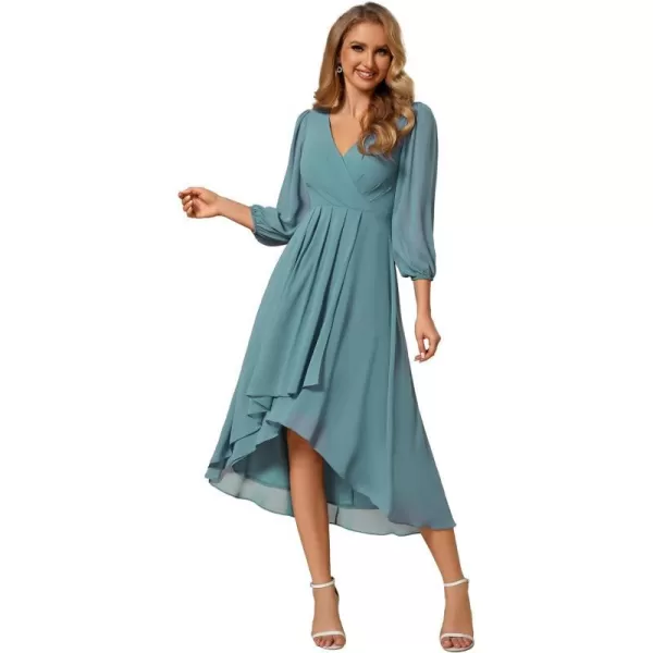 EverPretty Womens Chiffon Spring V Neck Long Sleeves Pleated ALine Midi Length Wedding Guest Dress 01926Dusty Blue