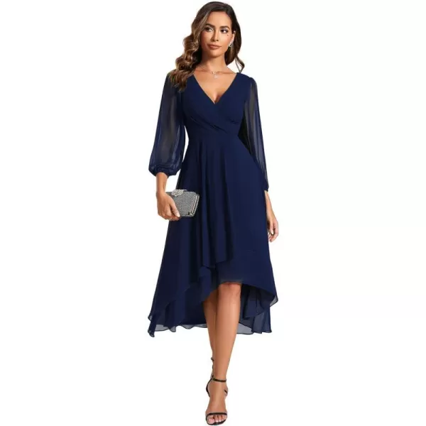 EverPretty Womens Chiffon Spring V Neck Long Sleeves Pleated ALine Midi Length Wedding Guest Dress 01926Navy Blue