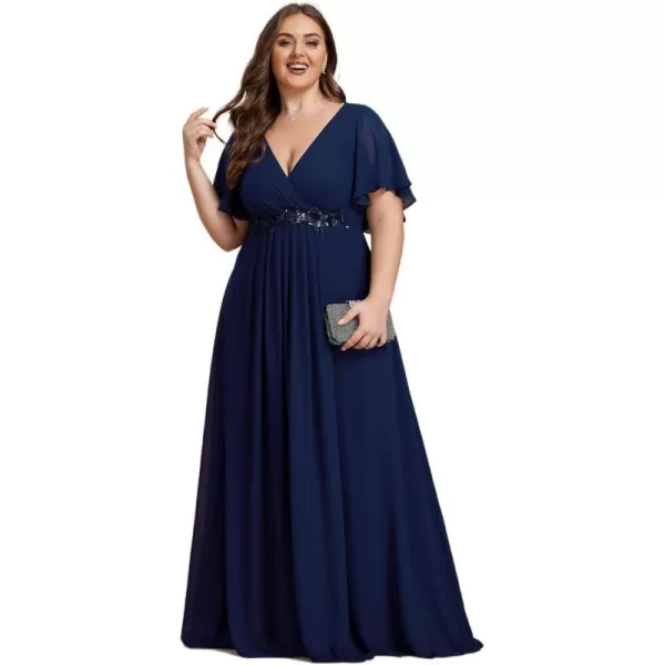 EverPretty Womens Chiffon V Neck Short Sleeves Appliques Plus Size Dresses for Curvy Women Formal Dresses 01960DANavy Blue