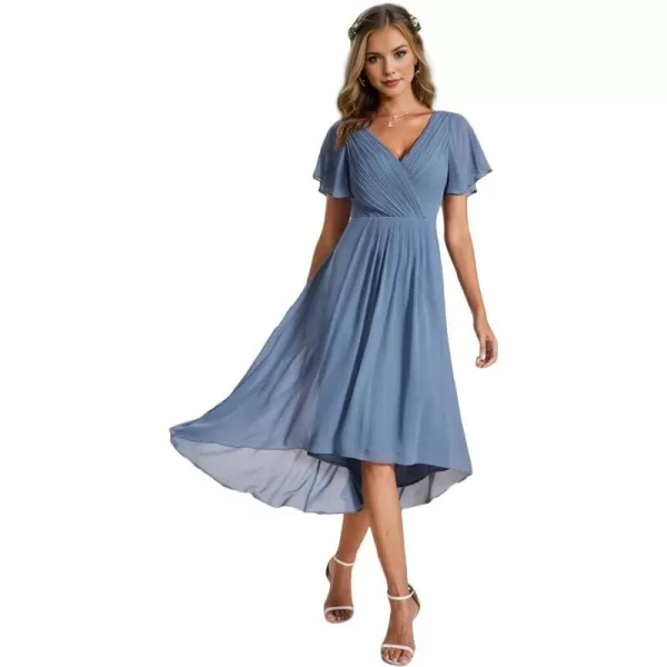 EverPretty Womens Chiffon VNeck Short Wedding Guest Dress with Ruffled Sleeves 01923Dusty Blue