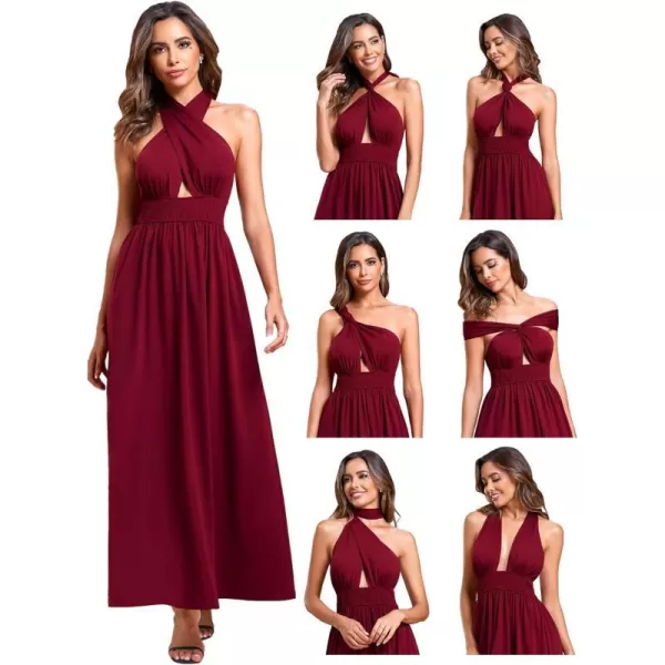 EverPretty Womens Convertible Halterneck Sleeveless Pleated ALine Tea Length Bridesmaid Dresses 01866Burgundy