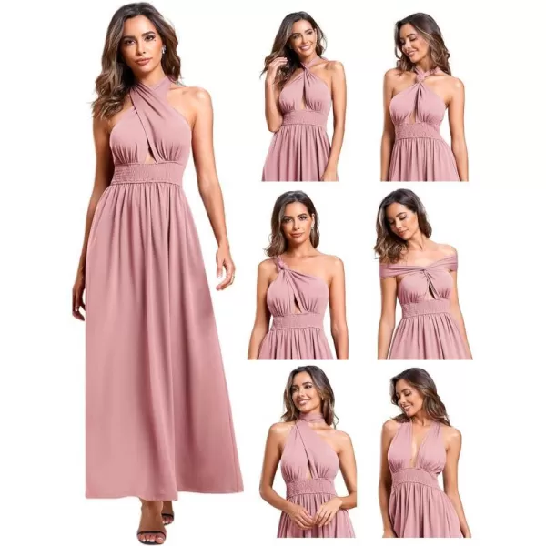 EverPretty Womens Convertible Halterneck Sleeveless Pleated ALine Tea Length Bridesmaid Dresses 01866Dusty Rose