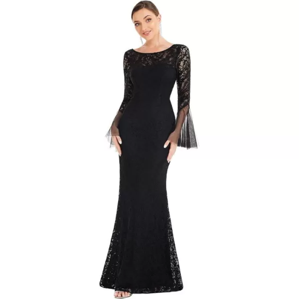 EverPretty Womens Crew Neck Backless Flared Sleeves Mermaid Lace Maxi Formal Evening Dress 0338ABlack