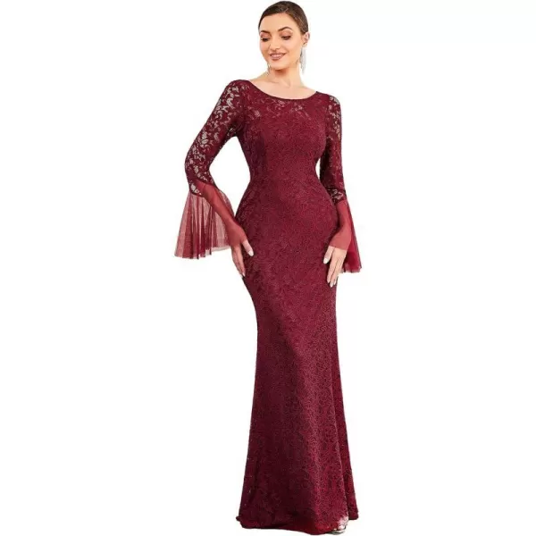 EverPretty Womens Crew Neck Backless Flared Sleeves Mermaid Lace Maxi Formal Evening Dress 0338ABurgundy