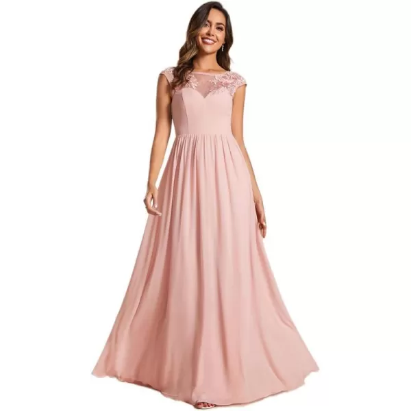 EverPretty Womens Crew Neck Cap Sleeve A Line Applique Maxi Formal Dresses 02087Pink