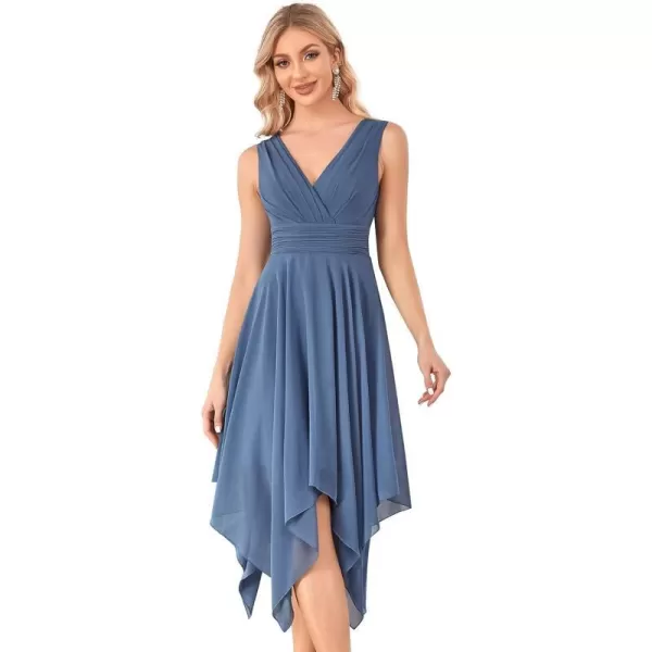 EverPretty Womens Crew Neck Pleated Waist Short Sleeve Wedding Guest Dress Chiffon Bridesmaid Dresses 03142Haze Blue