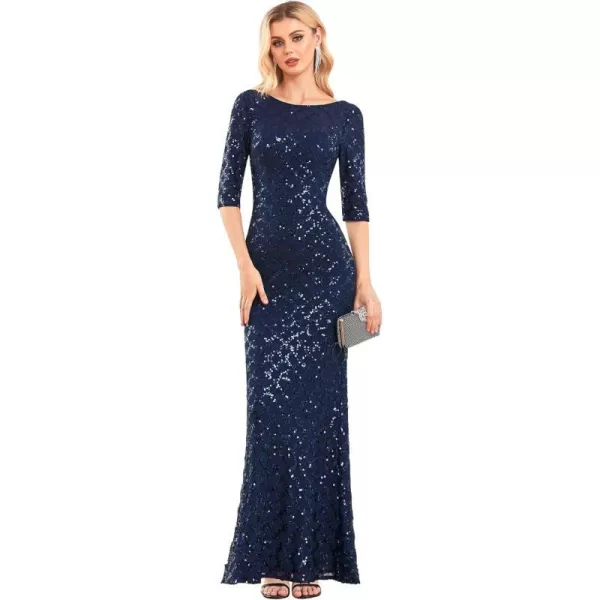 EverPretty Womens Crewneck 34 Sleeve Sequin Mermaid Maxi Glitter Evening Dresses 01401Navy Blue