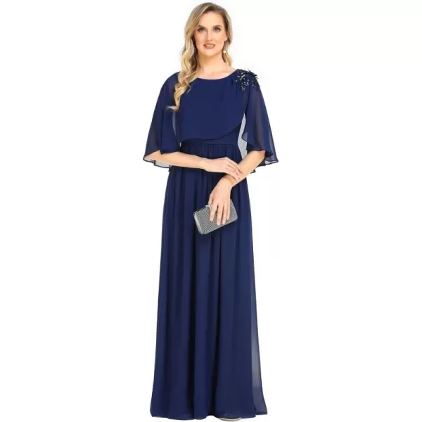 EverPretty Womens Crewneck ALine Short Sleeve Applique Chiffon Cape Long Formal Dress 0059ANavy Blue