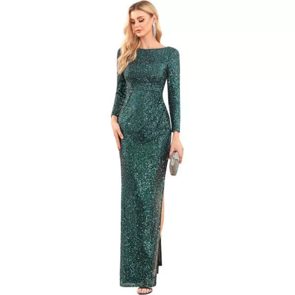 EverPretty Womens Crewneck Backless Long Sleeves Side Slit Bodycon Sequin Prom Dresses 01508Dark Green