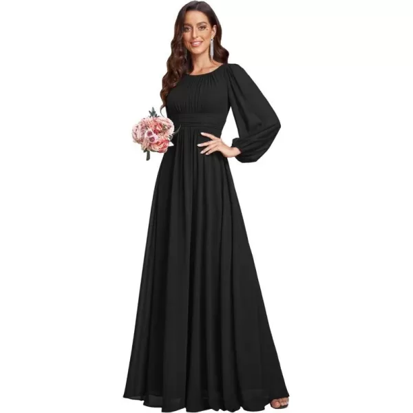 EverPretty Womens Crewneck Lantern Sleeve ALine Chiffon Maxi Formal Dress 0106BBlack