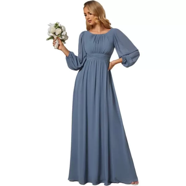 EverPretty Womens Crewneck Lantern Sleeve ALine Chiffon Maxi Formal Dress 0106BDusty Navy