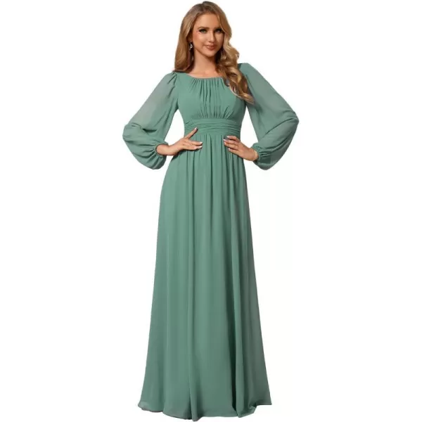 EverPretty Womens Crewneck Lantern Sleeve ALine Chiffon Maxi Formal Dress 0106BGreen Blue