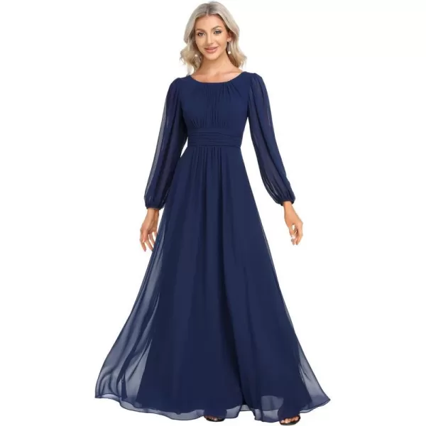 EverPretty Womens Crewneck Lantern Sleeve ALine Chiffon Maxi Formal Dress 0106BNavy Blue