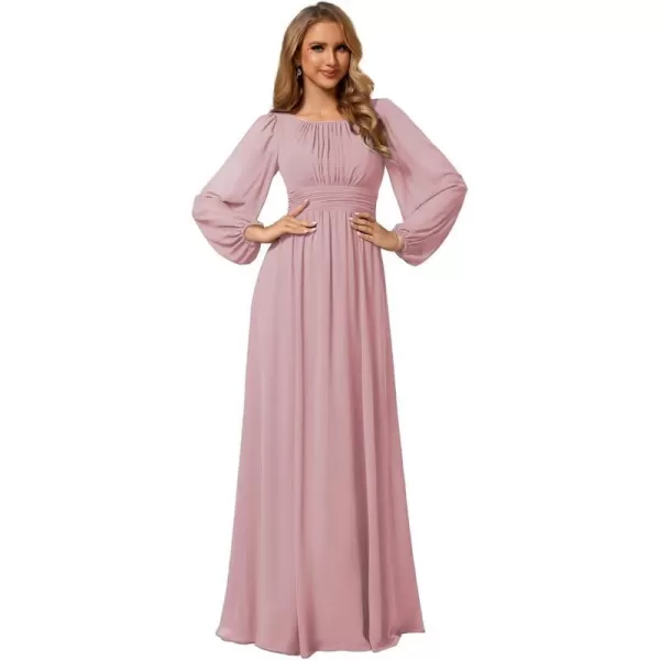 EverPretty Womens Crewneck Lantern Sleeves ALine Pleated Chiffon Maxi Formal Dress 0106BDusty Rose