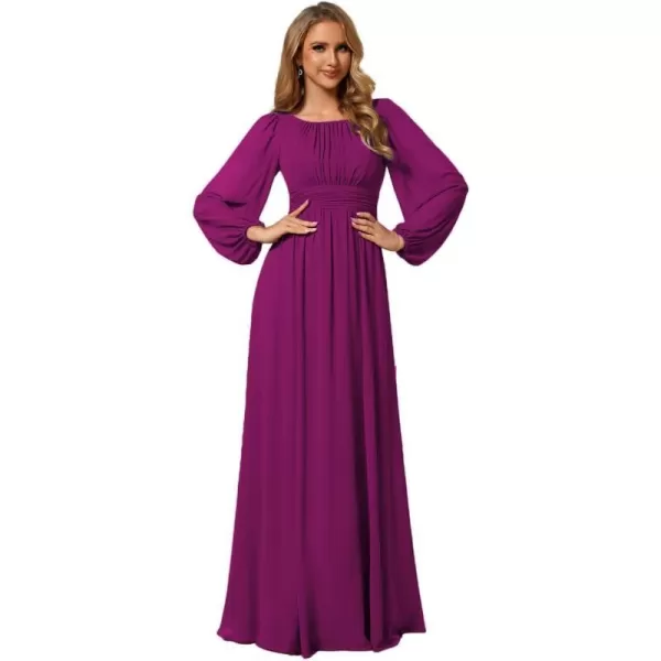 EverPretty Womens Crewneck Lantern Sleeves ALine Pleated Chiffon Maxi Formal Dress 0106BFuchsia